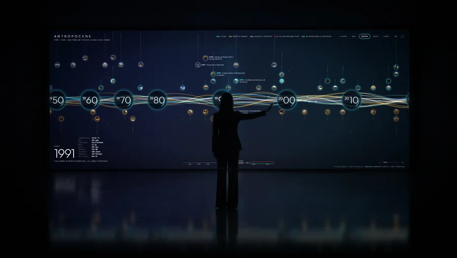 The same room on the years around 1990, the visitor steering the timeline with a gesture