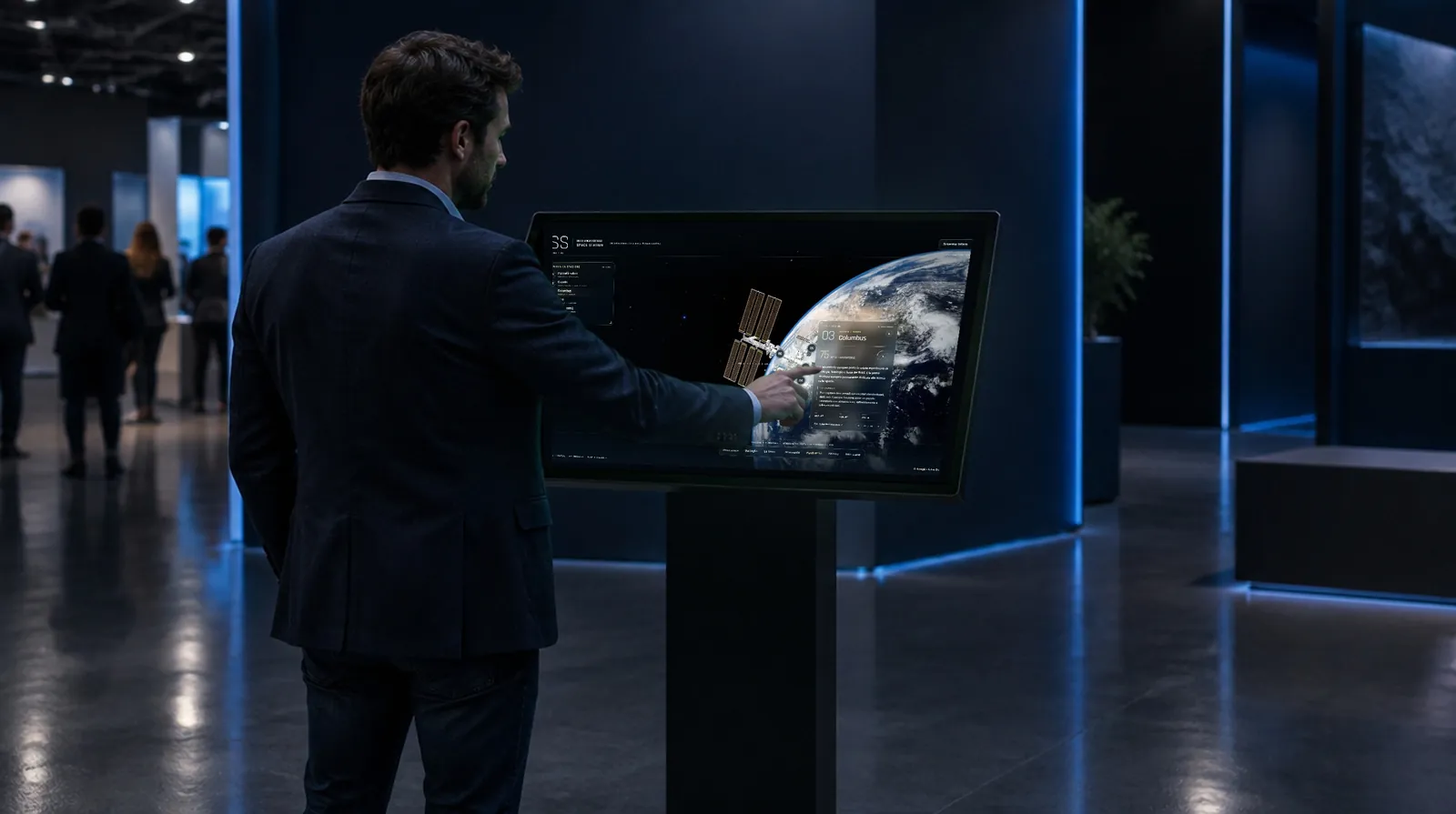 At a trade fair stand, a visitor touches a kiosk screen showing the 3D International Space Station with the Columbus module card open