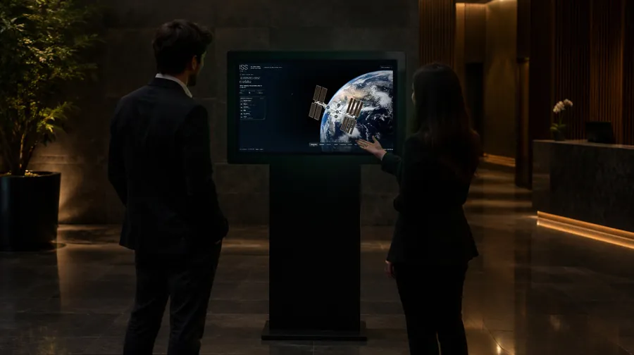 Two visitors in a corporate lobby in front of a totem kiosk showing the station orbiting Earth